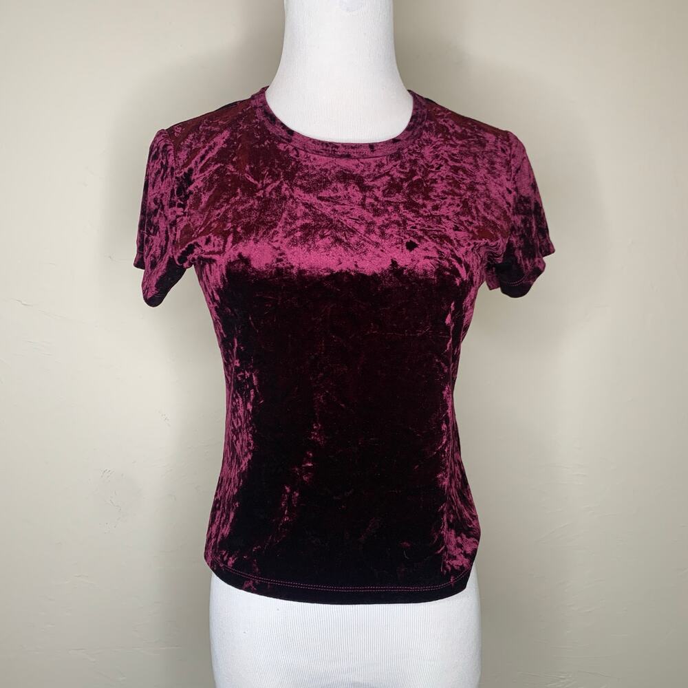 Burgundy Velour Short Sleeve Crop Shirt Sz Medium